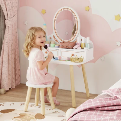 AIYAPLAY Kinder schminktafel set kaptafel met kruk spiegel lades kledingstangen voor 3-8 jaar 56 x 38 x 87,8 cm Wit