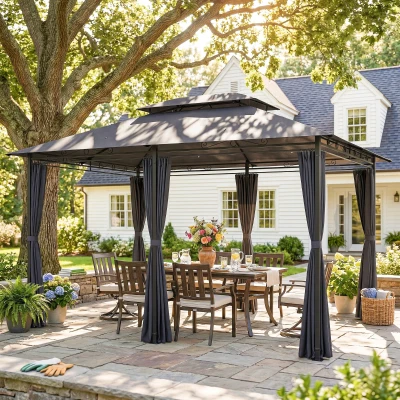 Outsunny Cenador para Jardín 3x4 m Pabellón de Jardín Gazebo con Doble Techo 6 Paredes Laterales Estructura Metálica Gris