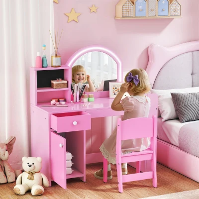 AIYAPLAY Tocador de Maquillaje Niña Tocador Infantil con Taburete y Espejo con Luces LED 1 Cajón Armario y 5 Estantes Rosa