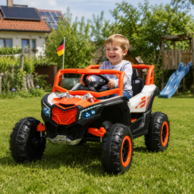 12V Elektro-Kinderfahrzeug 2‑Sitzer, Front-/Heck-Stoßdämpfung und Schaukel-Funktion, 111x70x63 cm, Weiß+Hellorange
