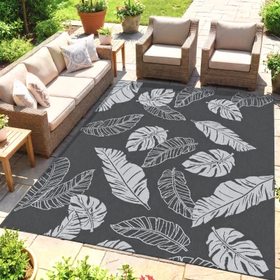 Outsunny Waterdicht Buitentapijt met Bladerpatroon - 182x274cm - Grijs/Wit