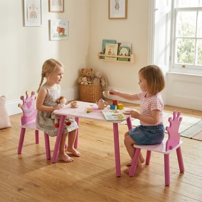 HOMCOM Table Chaises Enfant Princesse Bois Rose