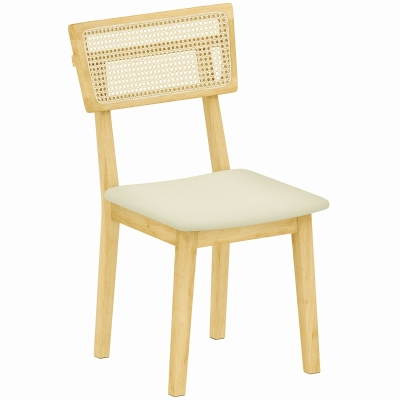HOMCOM Eetkamerstoel met rotan rugleuning, kunstleren zitting en rubberhout, naturel
