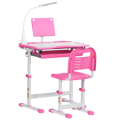 HOMCOM Bureau Réglable Enfant avec Chaise Rose 70x49.5x80-105cm