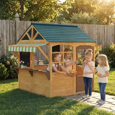AIYAPLAY Casita de Juegos Infantil de Madera con Ventanas Pizarras Tejado y Toldo 173x117x144 cm Madera Natural