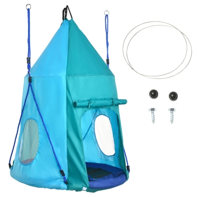 Outsunny Nest Schommel met Tent, Ø100 cm Kinderschommel, Tuinschommel, Teal