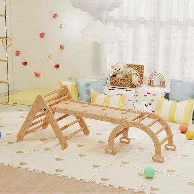 AIYAPLAY 7 en 1 Triángulo de Escalada Montessori de Madera Plegable con Arco y Rampa para Niños 18-48 Meses 188x70 cm Natural