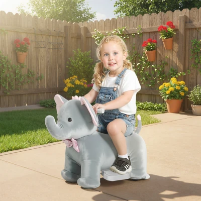 AIYAPLAY Elefante Elétrico com Música Bateria 6V com Toque Suave Rodas Silenciosas de PU e Pedal 74x34x51 cm Cinzento