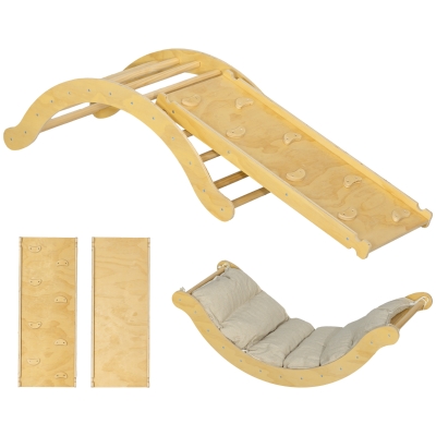 AIYAPLAY Kinder Klimset, 4-in-1 Ontwerp met Boogbrug, Schommelschommel, Kussen, Glijbaan, voor Binnenshuis, Hout