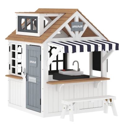 AIYAPLAY Cabane Enfant Bois Blanc avec Banc, Cuisine et Sonnette