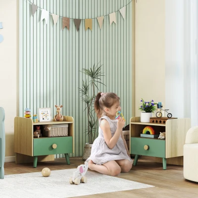 Lot de 2 Tables de Chevet Enfant Vert avec Tiroir 40x32,5x40cm