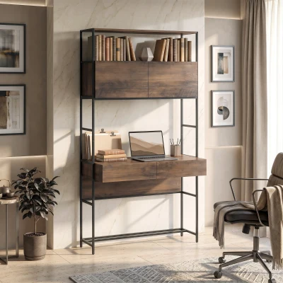 HOMCOM Computertisch mit Regalen und 2 Schubladen für das Home Office, 185 cm hoch, Braun Holzoptik