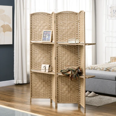 HOMCOM 4-teiliger Paravent, 160 x 170 cm, faltbare Trennwand mit 2 Regalen, Naturholz