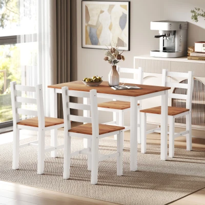 HOMCOM Eetset met eettafel en 4 stoelen, eetkamerset van grenenhout, bruin+wit