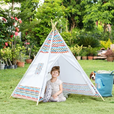 HOMCOM Tienda de Campaña para Niños de +3 Años Tipi Infantil de Madera Portátil con Ventana para Interiores y Exteriores 120x120x155 cm Blanco