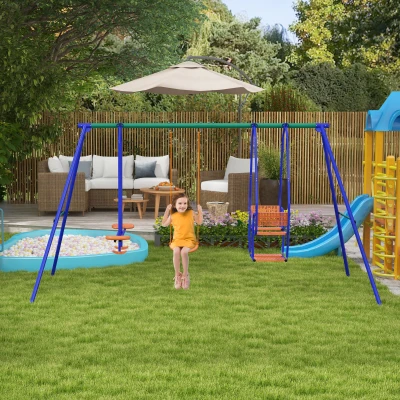 Outsunny Kids Metal Swing Set with Glider, Rocking Chair - Orange Blue