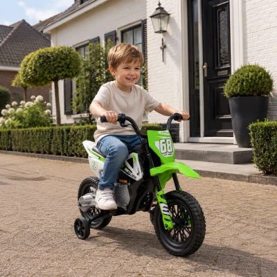 AIYAPLAY Elektrische Kindermotor met Handmatige Gascontrole, Zijwieltjes, Muziek, Groen