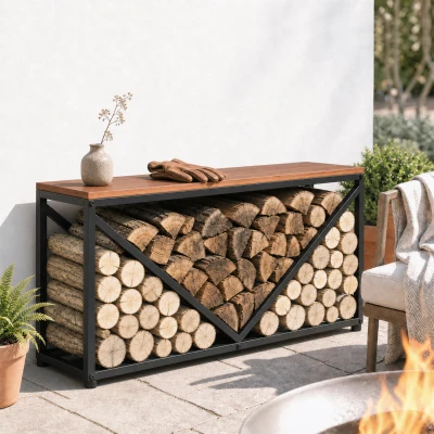 Outsunny 2-in-1 Kaminholzregal für innen 98 x 28 x 50 cm erhöhtes Brennholzregal mit Ablage Trennwand Beistelltisch