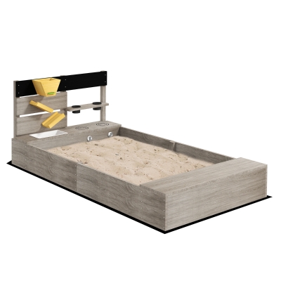 Outsunny Zandbak met speelkeuken, gootsteen, 2 plantenbakken, natuurlijk hout, 154x80x60cm, Grijs