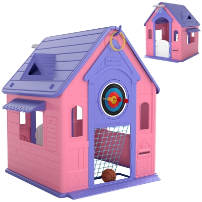 AIYAPLAY 5-in-1 Kids Playhouse with Hoop & Goal, Pink