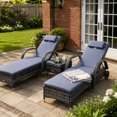Outsunny 3-Piece Rattan Loungers with Cushions Grey
