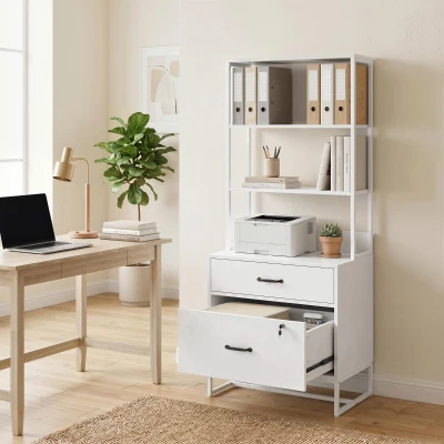 HOMCOM Mueble Archivador con Estantería 2 Cajones Encimera para Impresora Cerradura para A4 Letter Legal Blanco