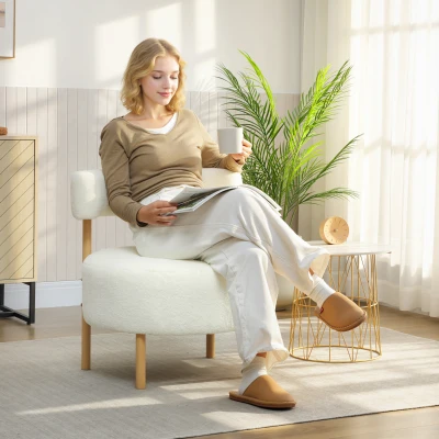 HOMCOM Fauteuil Loungestoel Relaxfauteuil met Sherpa-fleece, metalen poten in houtlook gestoffeerde stoel 67 x 67 x 71 cm Crèmewit