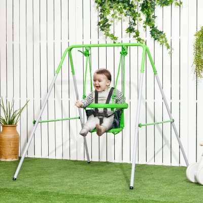 Outsunny Baloiço Infantil de Aço Baloiço para Crianças de 6-36 Meses com Encosto Alto e Arnês de Segurança 122x146x122 cm Verde