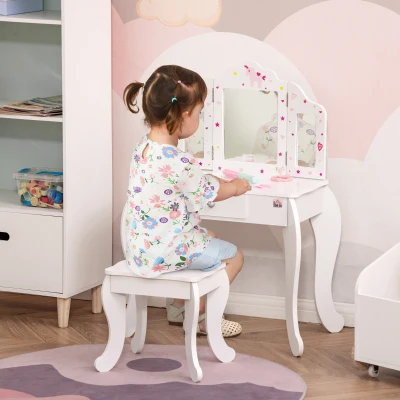 HOMCOM Coiffeuse Enfant avec Tabouret et Miroir Triptyque
