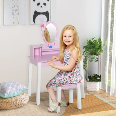 HOMCOM Coiffeuse Enfant Table de Maquillage avec Tabouret, 1 tiroir, Miroir 59 x 39 x 92 cm Bois Rose