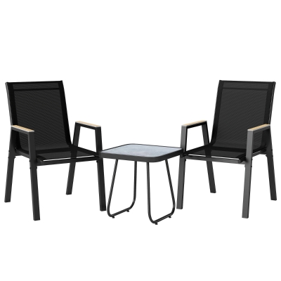 Outsunny Conjunto de Jardín de 3 Piezas con 2 Sillas de Textilene Mesa de DPC Efecto Madera para Patio Balcón Negro
