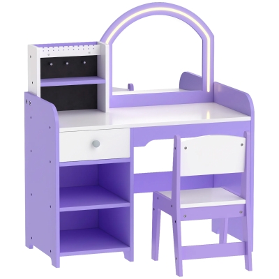 AIYAPLAY Tocador de Maquillaje Niña con Espejo de LED de 2 Colores Taburete 2 Soportes para Joyas Cajón 2 Compartimentos Morado