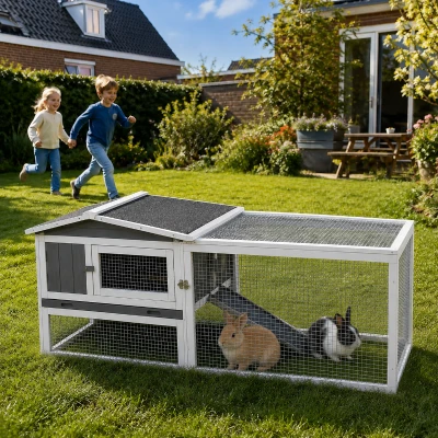PawHut Konijnenhok van Sparrenhout met Asfaltdak, Kleine Dierenverblijf, 156 x 58 x 68 cm, Lichtgrijs
