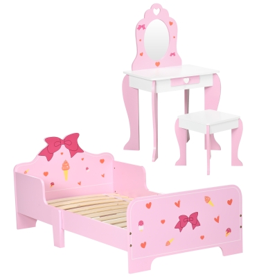 ZONEKIZ Kids Bedroom Set Bed Dressing Table Stool Pink