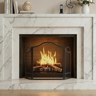 HOMCOM 3-Panel Metal Fireplace Screen Heat-Resistant Black
