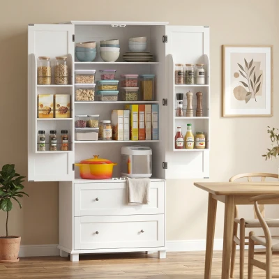 HOMCOM Armario Despensa de Cocina con 2 Cajones 6 Estantes en Puertas Estantes Ajustables 80x39,5x184,5 cm Blanco