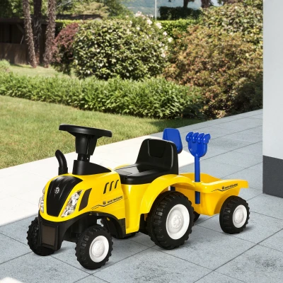 HOMCOM Porteur tracteur enfants avec coffre amovible, râteau et pelle, voiture enfants avec lumière LED et klaxon, jaune