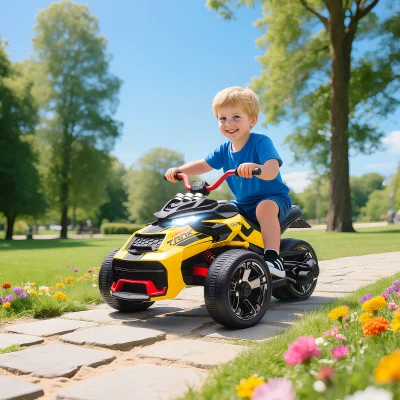 AIYAPLAY Elektrisch kinderquad, omgekeerd driewielontwerp, op batterij, MP3-speler, claxon, 2 snelheden, LED-lichten, 3-8 jaar, Geel