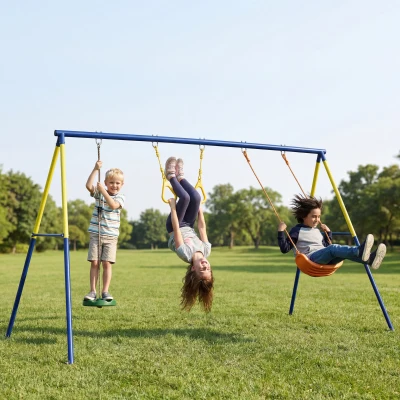 AIYAPLAY Columpio Infantil 3 en 1 Columpio Clásico y de Pie y Aros de Gimnasia Carga 150 kg para Niños de 3 a 8 Años Multicolor