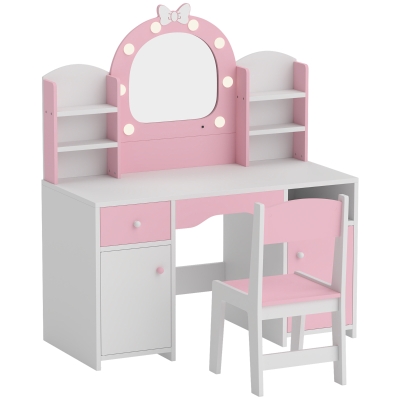 AIYAPLAY Coiffeuse Enfant Rose avec Tabouret et Miroir LED 90x41x104cm