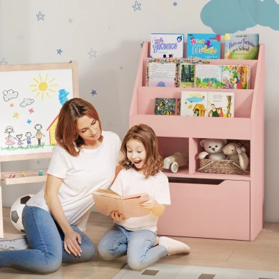 HOMCOM Kinderrek met Lade en Boekenrek met Vakken, 60 x 29,9 x 90 cm, Roze