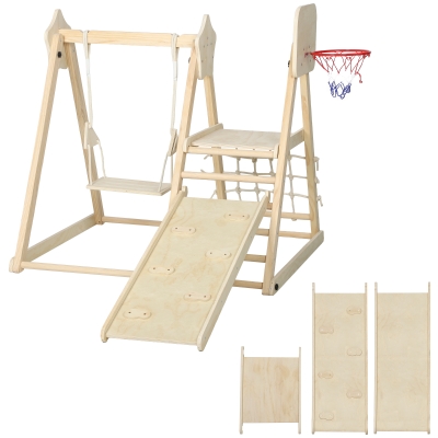 AIYAPLAY 5-in-1 indoor klimrek met glijbaan, schommel, klimnet, basketbalring, opvouwbaar, 3-6 jaar, natuurhout