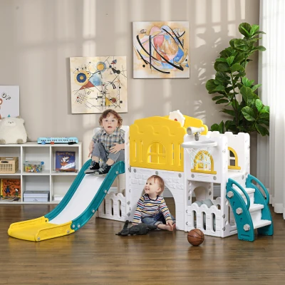 AIYAPLAY Peuterglijbaan, 7-in-1 Speeltoestel, met Basketbal & Stuurwiel, voor 1-3 Jaar, 178x177x99cm, Geel/Wit/Groen