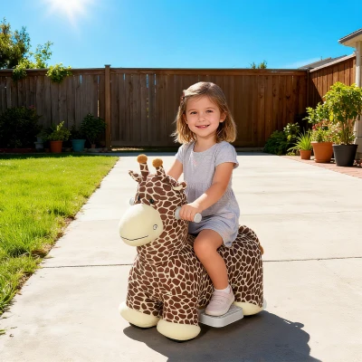 AIYAPLAY Giraffe om op te rijden, rijdend rijpaard in giraffevorm, op batterijen, wasbare bekleding, pedalen, stille wielen, muziek, 1,5-5 jaar, bruin