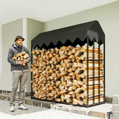 Outsunny Leñero Exterior Metálico de Chimenea Soporte para Leña con Cubierta Impermeable 186x70x185 cm Negro