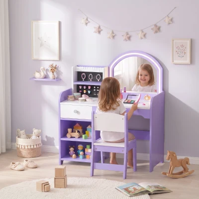 AIYAPLAY Tocador de Maquillaje Niña con Espejo de LED de 2 Colores Taburete 2 Soportes para Joyas Cajón 2 Compartimentos Morado