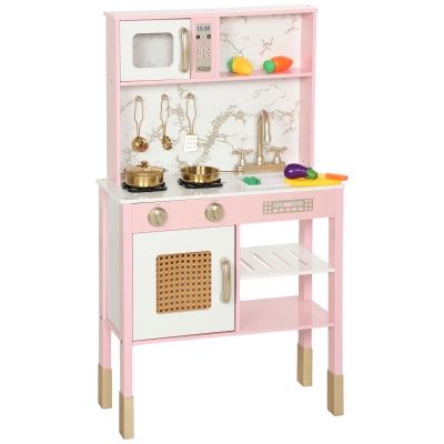 AIYAPLAY Cozinha de Brincar em Madeira com Som Acessórios em Aço Inoxidável Micro-Ondas Forno Lava-Loiças Legumes para Cortar 55x24x96 cm Rosa