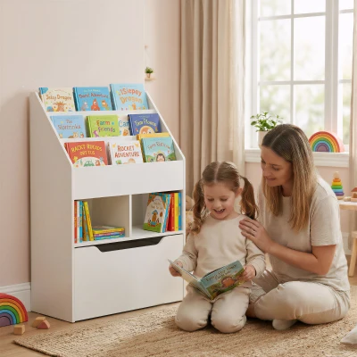 HOMCOM Estante de Madeira para Brinquedos com 3 Compartimentos 2 Cubos e Gaveta Móvel com 4 Rodas Estante para Livros Infantil para Dormitório Infantil Sala de Jogos 60x29,9x90cm Branco