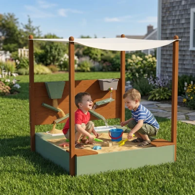 AIYAPLAY Arenero para Niños de Madera con Techo Arenero Infantil con 2 Asientos 2 Cajas Grifo Embudo 116x112,5x128 cm Verde