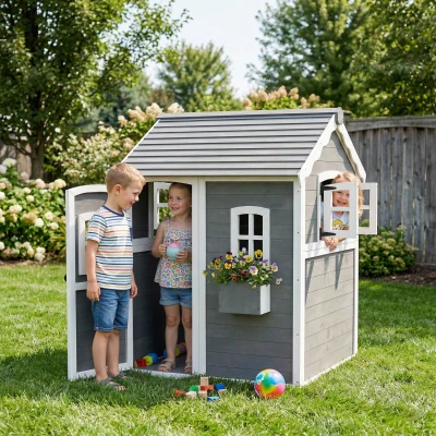 Outsunny Cabane Bois Enfant Extérieur Gris Fenêtres